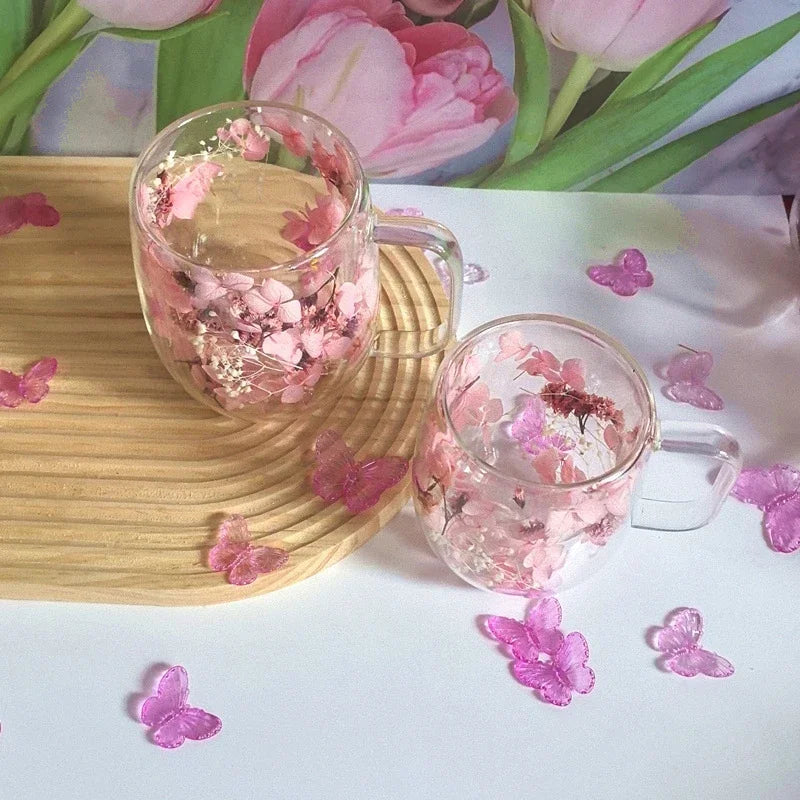 1pc Double-walled Glass Coffee Mug With A Real Flower Design Inside, Suitable For Coff close-up view