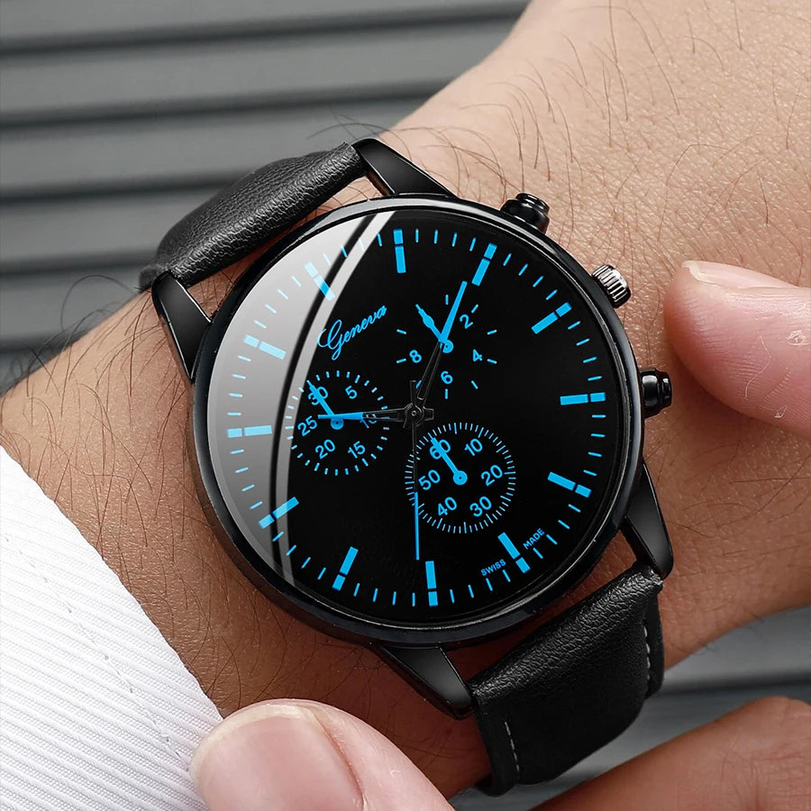 3PCS/Set Men Business Watches Casual Leather Band Analog Male's Quartz Watch Necklace alternate view