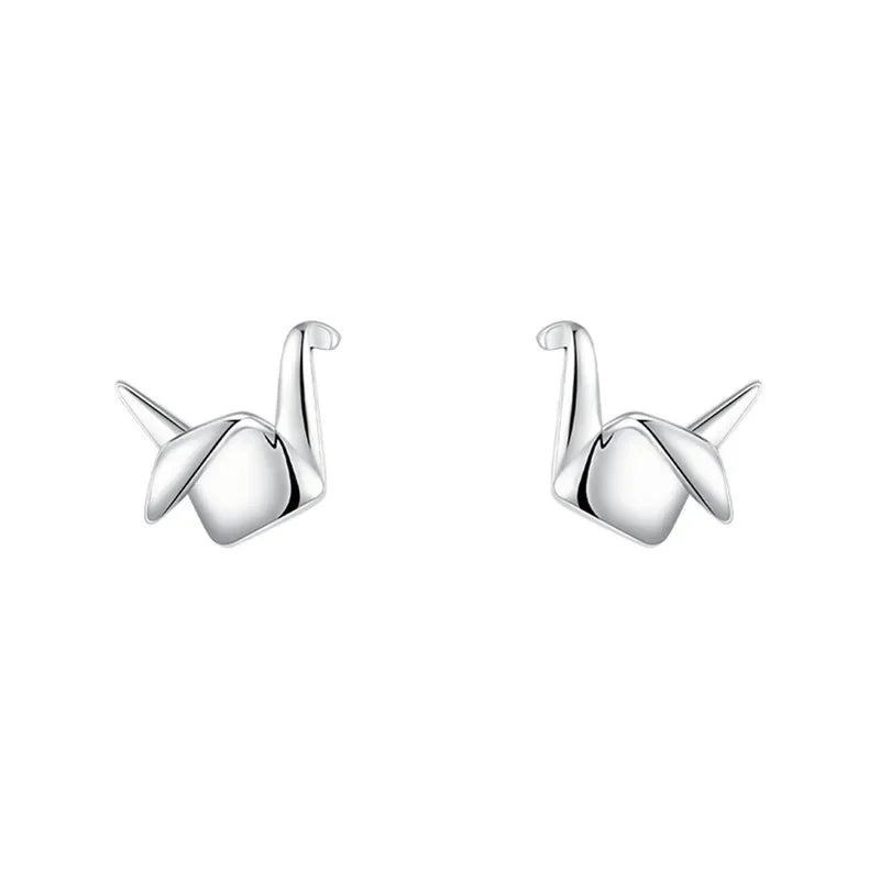 925 Sterling Silver Paper Crane Stud Earrings | Cute Mini Piercing Earrings for Women close-up view