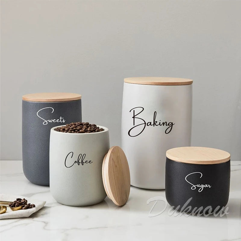 Kitchen Canister Labels Sticker Set | Waterproof Vinyl Decals for Tea Coffee Sugar close-up view