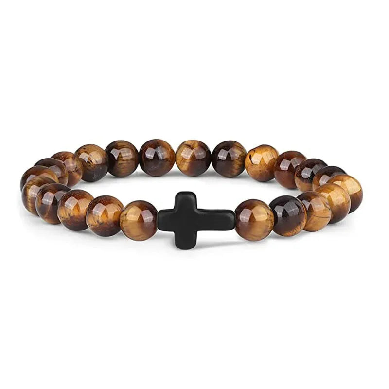 Prayer Men Natural Stone Wood Beads Rosary Hematite Cross Bracelets Onyx Meditation additional angle