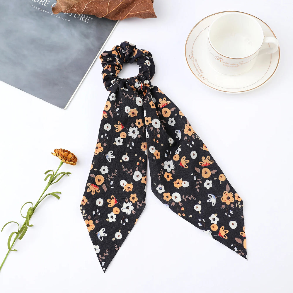 Fashion Flower Print Bow Satin Long Ribbon Ponytail Scarf Tie Scrunchies Women Girls alternate view