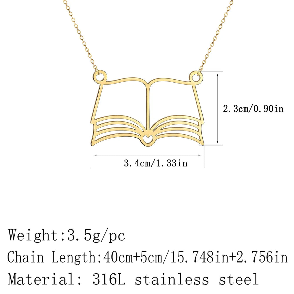 Kinitial Reading Lover Books Pendant Necklace For Women Stainless Steel Bookworm Stud alternate view