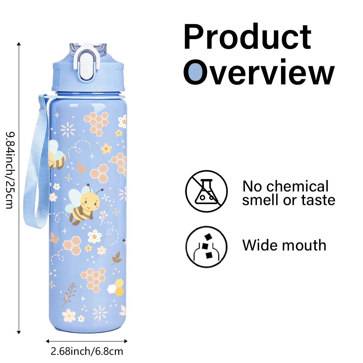 Sweet Honeycomb Bee Pattern Reusable Plastic Water Bottle, Lightweight Leakproof Flip close-up view