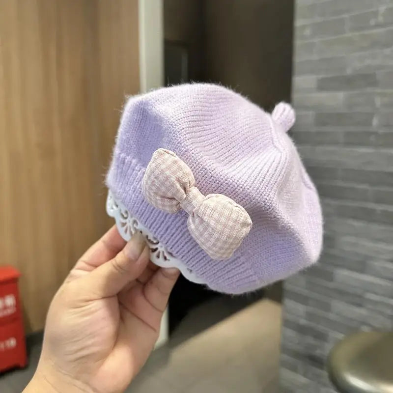 Kids Knitted Beret with Bow | Winter Hat for Baby Girls and Toddlers close-up view