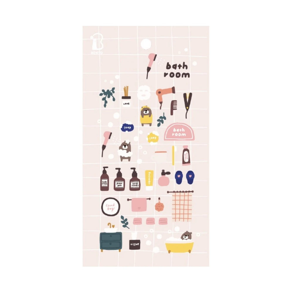 Korean Bonito Bear Bath Room Paper Stickers | Cute Stationery for DIY Scrapbooking close-up view