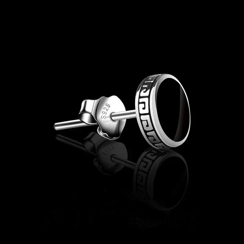 925 Silver Earrings Men Black Circle Single Simple Luxury Earring detail view