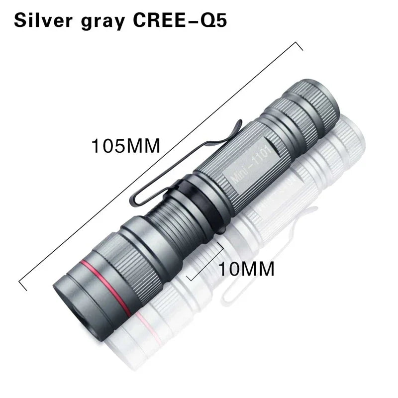 Mini LED Flashlight Q5 | Portable Torch with 3 Modes, Waterproof, AA Battery Powered close-up view