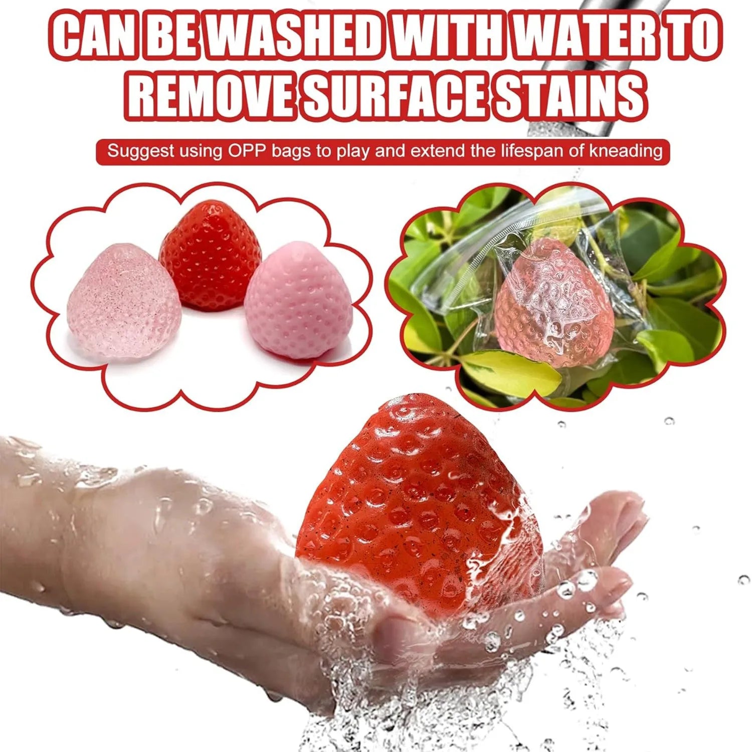 Strawberry Squishy Stress Toys Set | 3PCS Soft TPR Squeeze Fidget close-up view