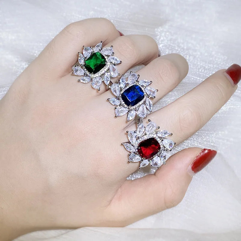 925 Silver New Colorful Square Zircon Ring Female Fashion Full Diamond Water Drop Zircon detail view