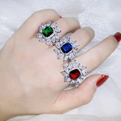 925 Silver New Colorful Square Zircon Ring Female Fashion Full Diamond Water Drop Zircon detail view