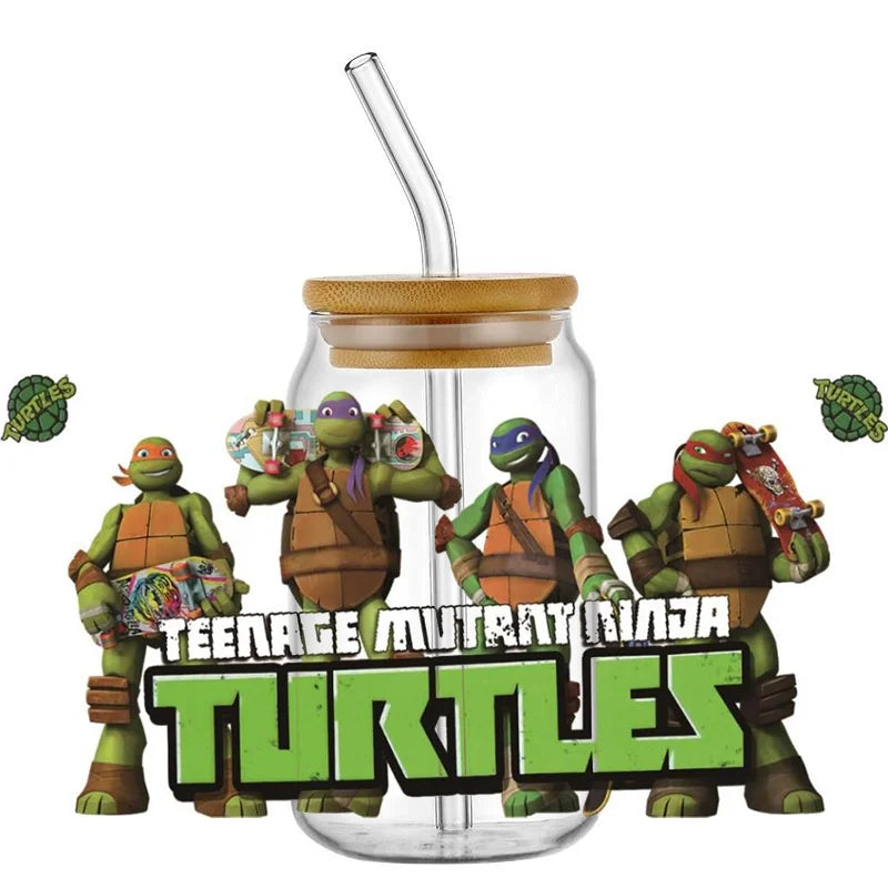 Cartoon Turtle Decal Stickers | Waterproof UV DTF Wrap for 16oz Libbey Glass