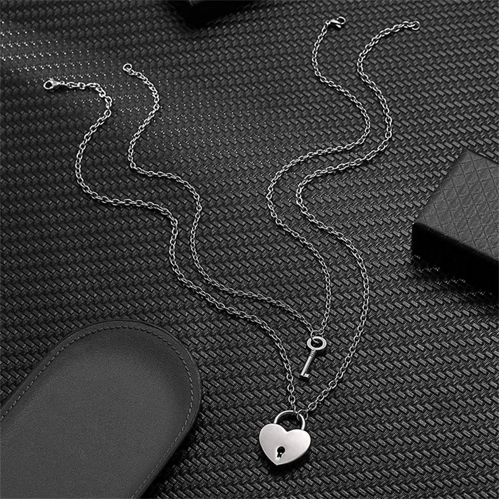 Romantic Couple Key and Heart Pendant Necklace Set | Stainless Steel Lovers Jewelry G lifestyle view