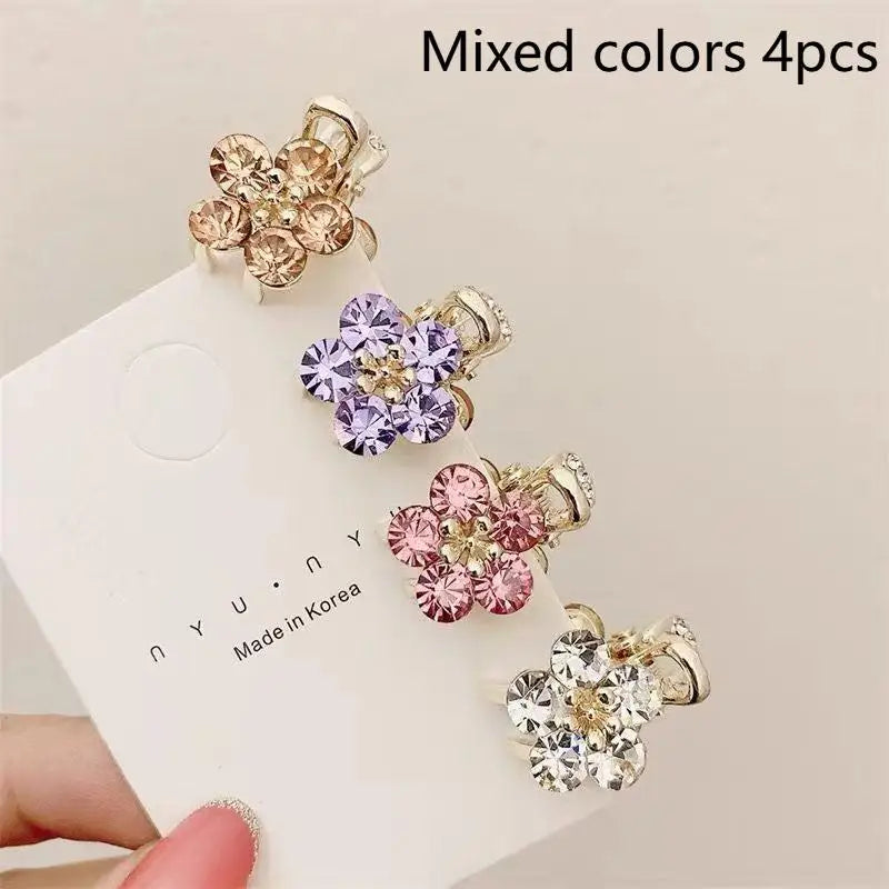 【Xia2】4Pcs Mini Rhinestone Flower Hair Clips With Shiny Crystal And Sturdy Gold Base Perfect For Braid Styling Daily Wear{S}