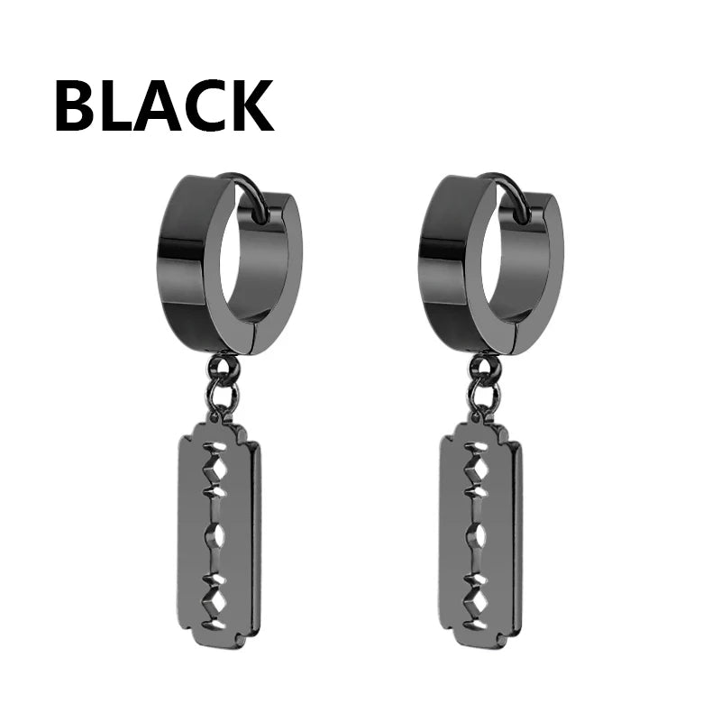 Vintage Razor Hollow Drop Earrings | Stainless Steel Punk Dangle Earrings for Men and lifestyle view