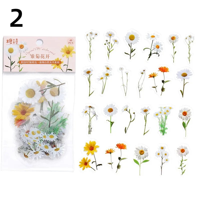 40 Pcs/set Plant Flower Stickers Decorative Green Leaves Retro Plant Manual Scrapbook DIY Label Diary Stationery Album Crafts