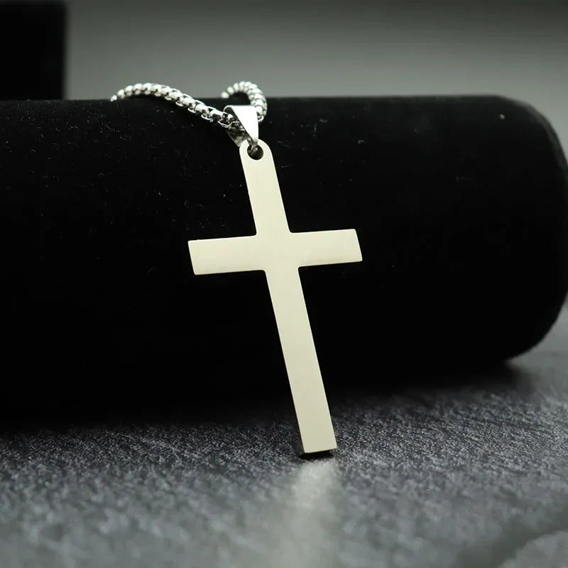 Simple Cross With Circle Pendant Necklace | Stainless Steel Christ Cruz Chain for Men close-up view