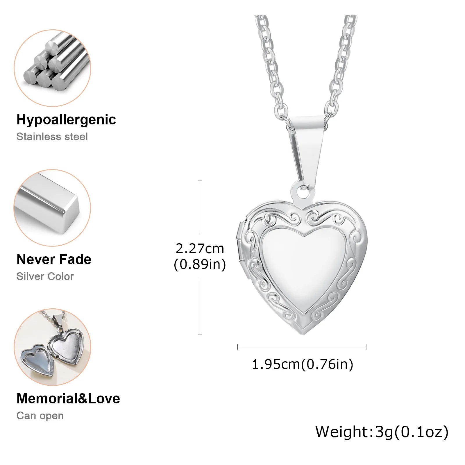 Vnox Never Fade Silver Color Stainless Steel Women Locket Pendant, Openable Heart Pendan detail view