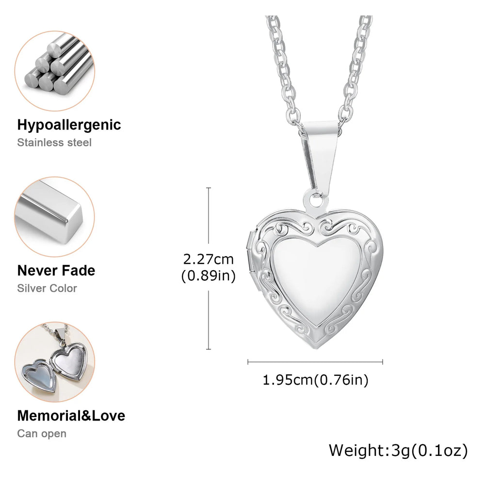 Vnox Never Fade Silver Color Stainless Steel Women Locket Pendant, Openable Heart Pendan detail view