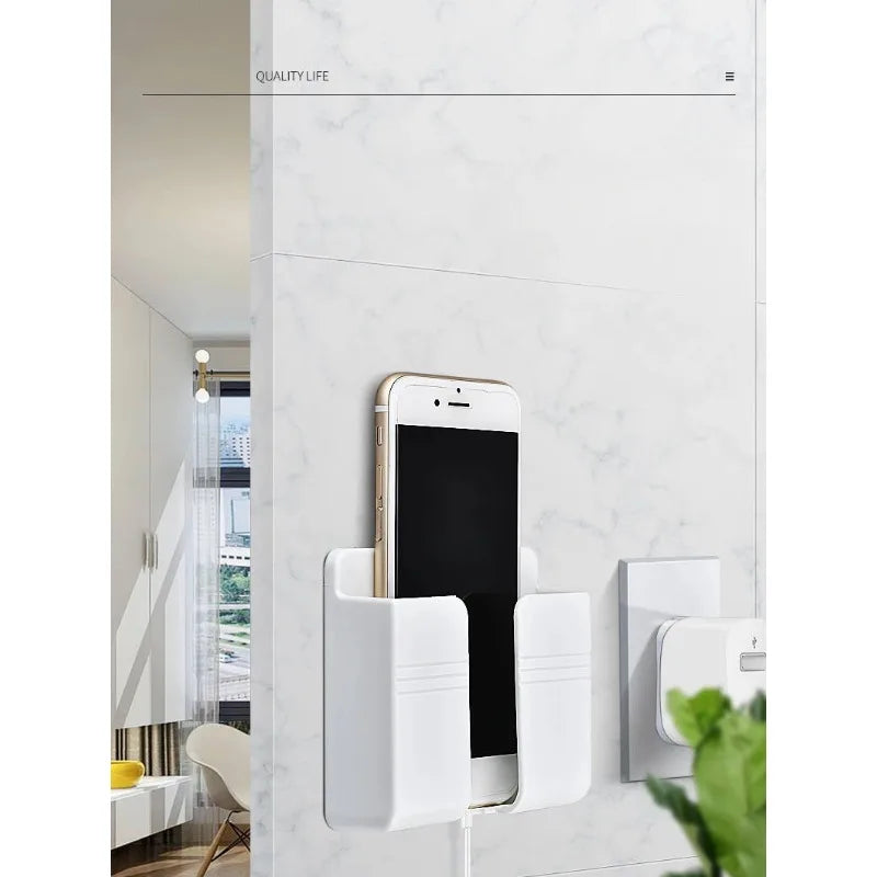 White Wall Mount Phone Holder with Lazy Desk Pad Remote Control Storage Box Punch Free close-up view