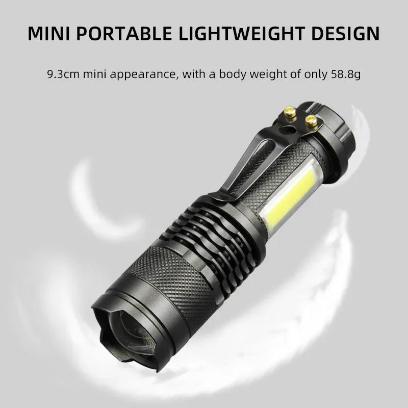 Mini XPE COB LED Flashlight | Rechargeable Dual Light Source for Hiking Camping Fishin close-up view