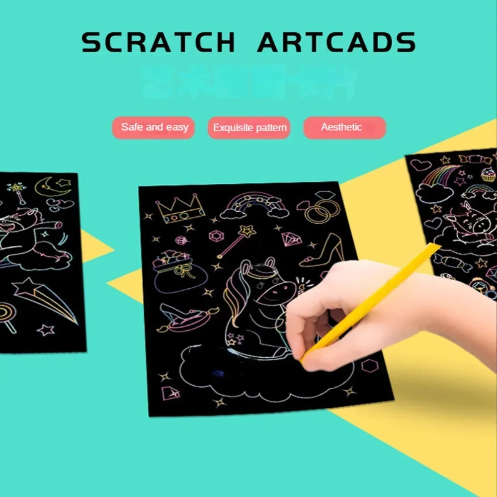 Magic Rainbow Color Scratch Art Painting Paper Card Kit Cartoon Drawing Board Coloring B detail view