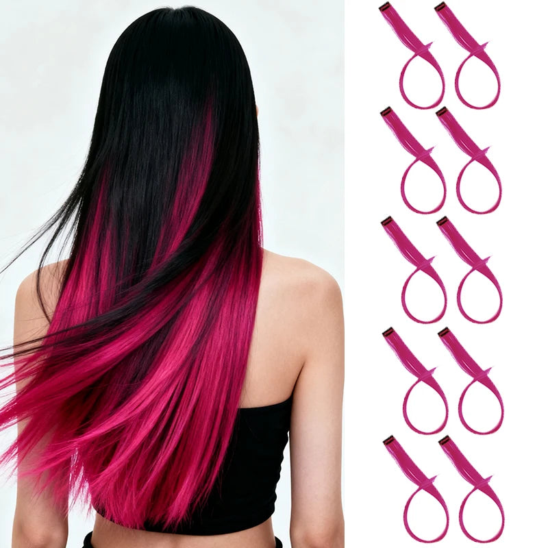 10pcs 22Inch Synthetic Long Straight Hair Extensions Clip in Colored Party Highlights Hairpieces for