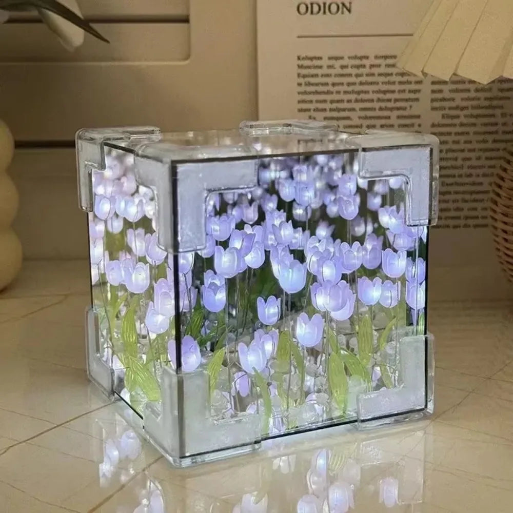 DIY Tulip Mirror Cube Lamp | Handmade Night Light for Bedroom Decor close-up view