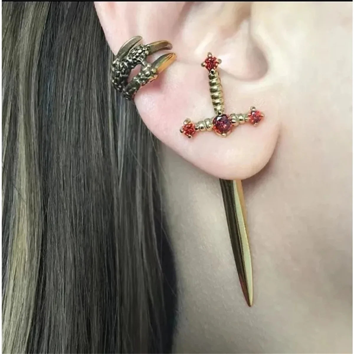 2pcs Gothic Sword Stud Earrings | Vintage Punk Crystal Dagger Ear Jewelry lifestyle view