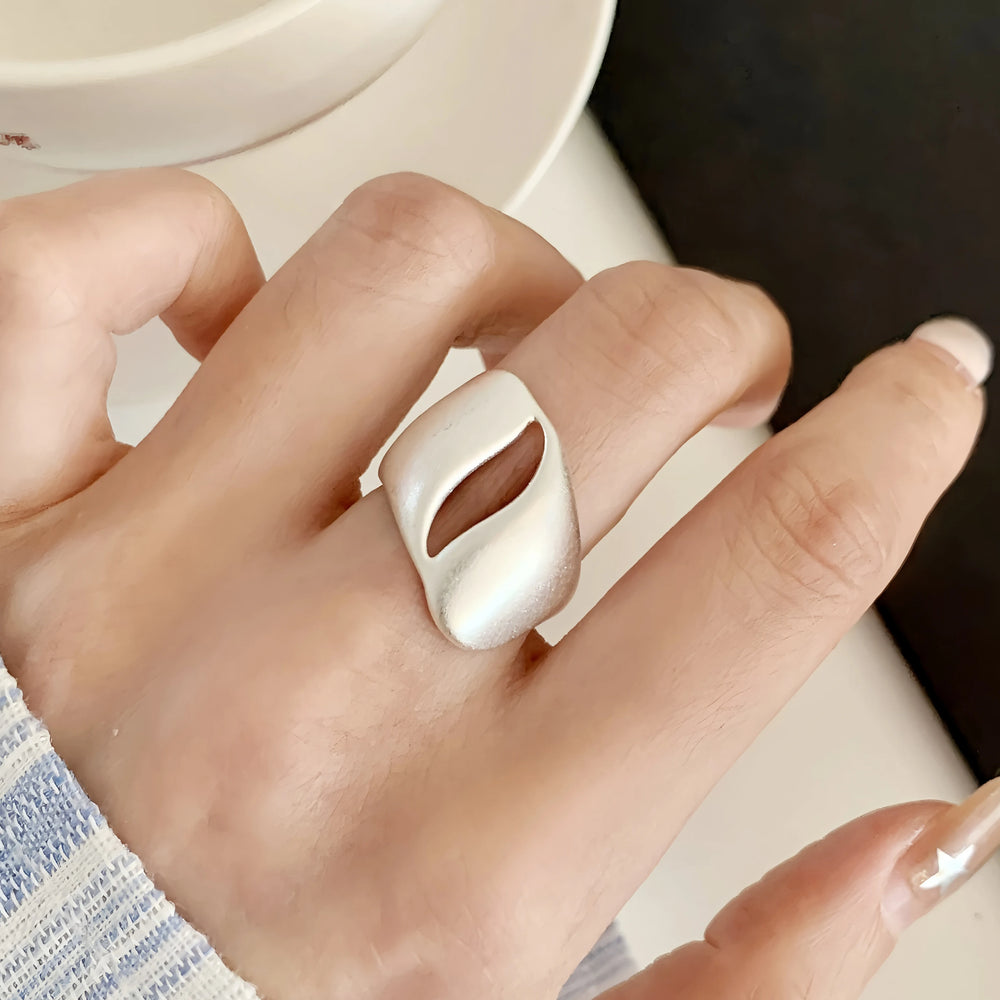 PANJBJ 925 Sterling Silver Frosting Geometry Ring for Women Wide Texture Versatile Handm detail view