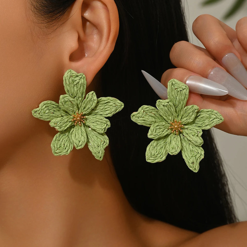 Boho Handmade Raffia Flower Earrings | Unique Summer Floral Drop Earrings for Women alternate view