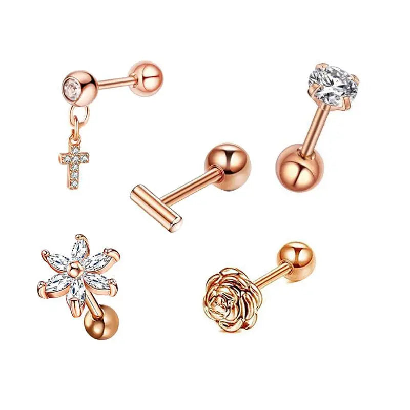 5PCS Heart Tragus Piercing Stud Earring Set Small Lobe Stud Earrings Cartilage Pier additional angle