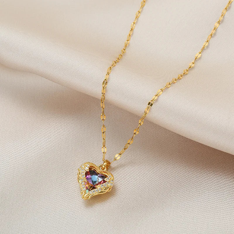 Stainless Steel Crystal Heart Pendant Necklace | Ocean Blue Water-Wave Chain for Wo additional angle