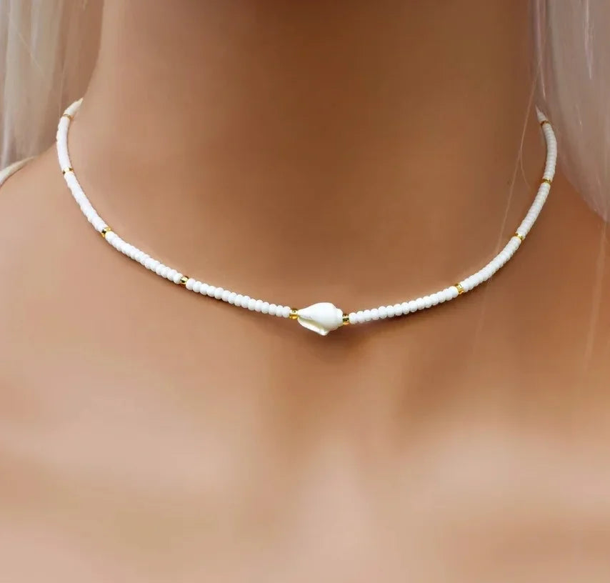 White Glass Seed Bead with Beaded Conch Shells Necklace detail view