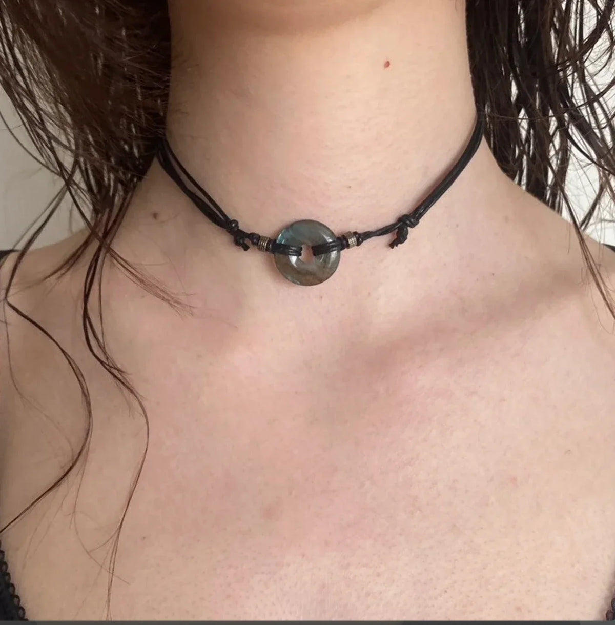 Amethyst Choker, Black Adjustable Necklace on Cotton Cord, Gemstone Gift for A Gothic close-up view