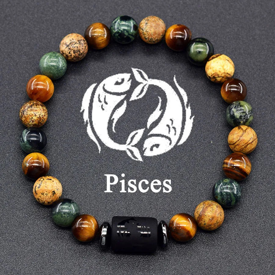 12 Zodiac Sign Bracelet Homme Constellation Bangle Natural Yellow Tiger Eye Stone Hemati detail view