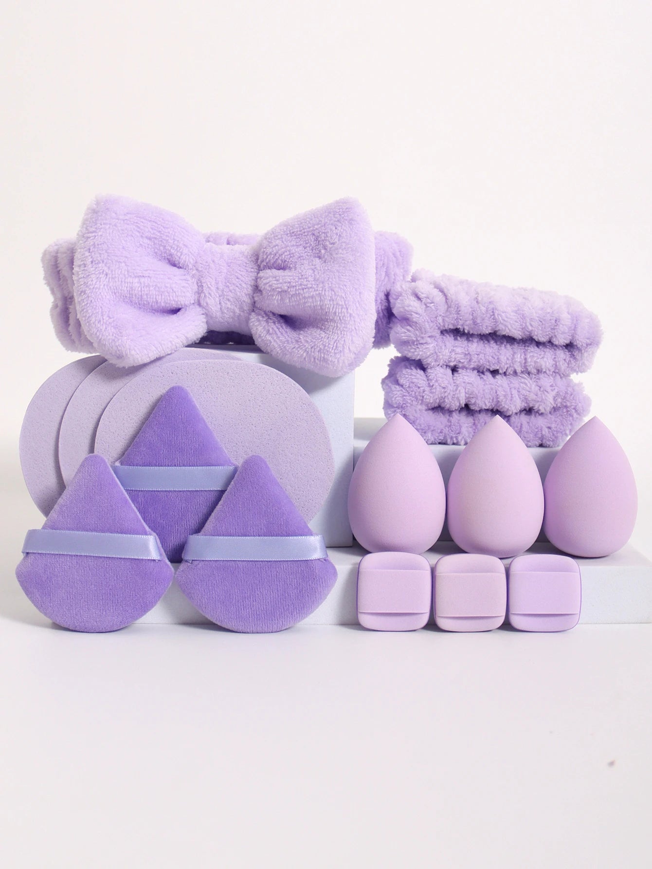 15Pcs Multi-Colored Fluffy Headband and Makeup Sponge Set | Sweet Style Beauty Kit close-up view