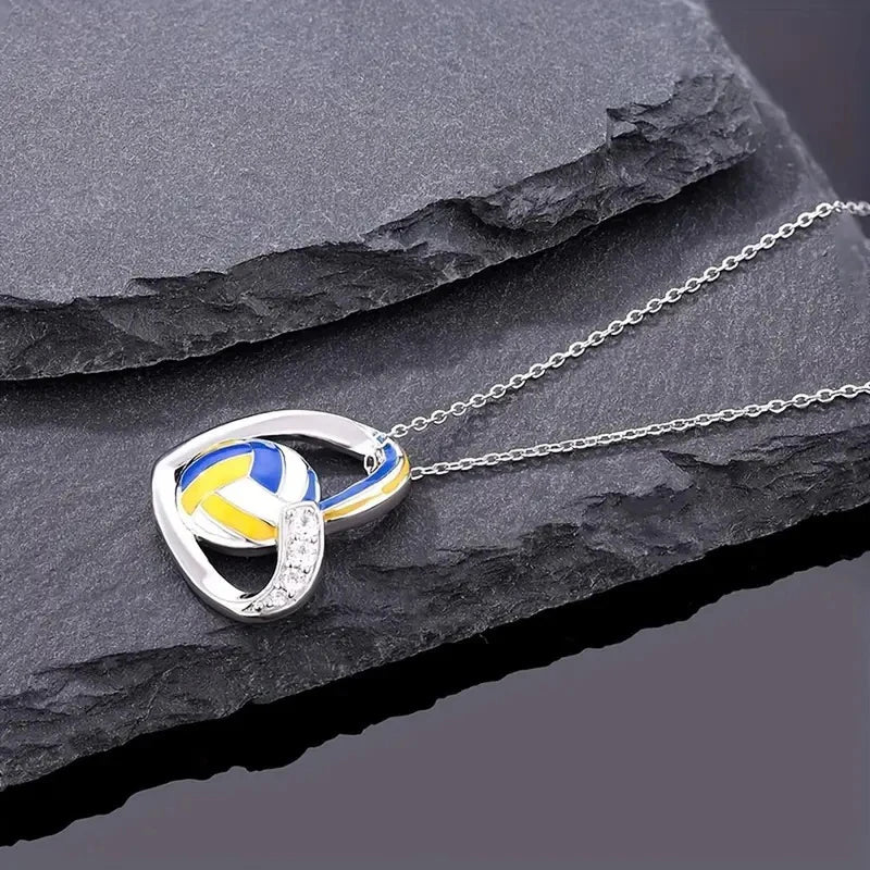 Huitan Volleyball Heart Pendant Necklace | Trendy Teen Girls Jewelry with Shiny Zircon close-up view