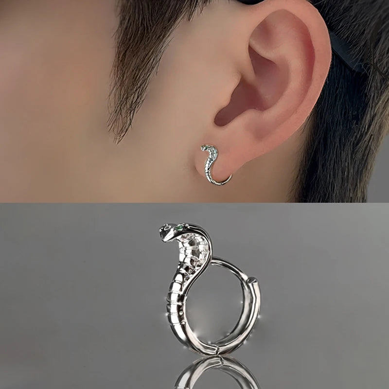 Fashion Punk Gothic Copper Zircon Green Eye Snake Earrings For Men Women Hip Hop Personality Cool Cobras Hoop Earrings Jewelry