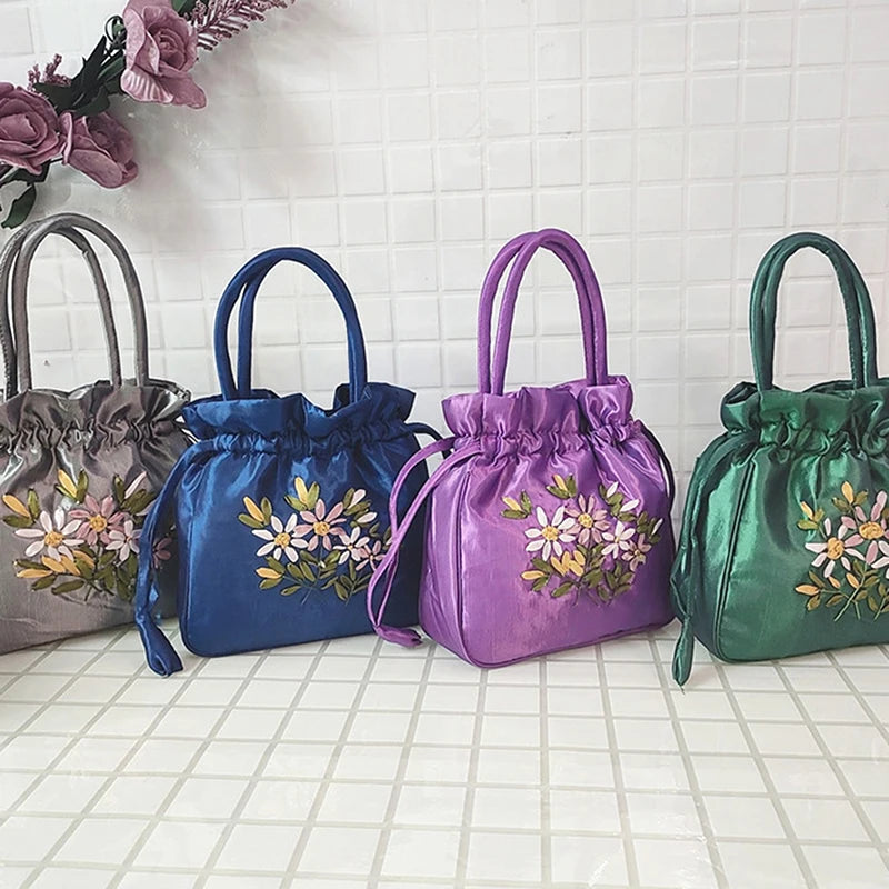 Small Embroidered Flower Bucket Bag | Women's Top Handle Drawstring Purse close-up view