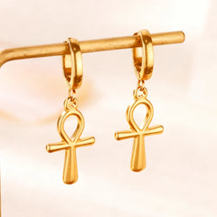 18K Gold Plated Portrait Coin Earrings | Stainless Steel Jesus Cross Dangle Huggie Ear close-up view
