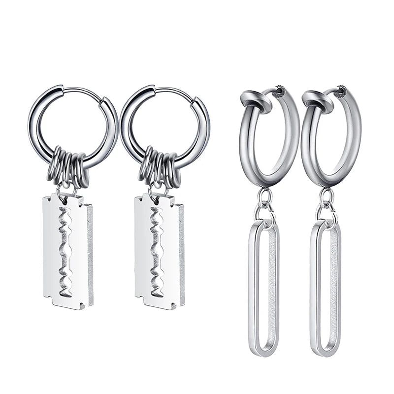 Vintage Razor Hollow Drop Earrings | Stainless Steel Punk Dangle Earrings for Men a additional angle