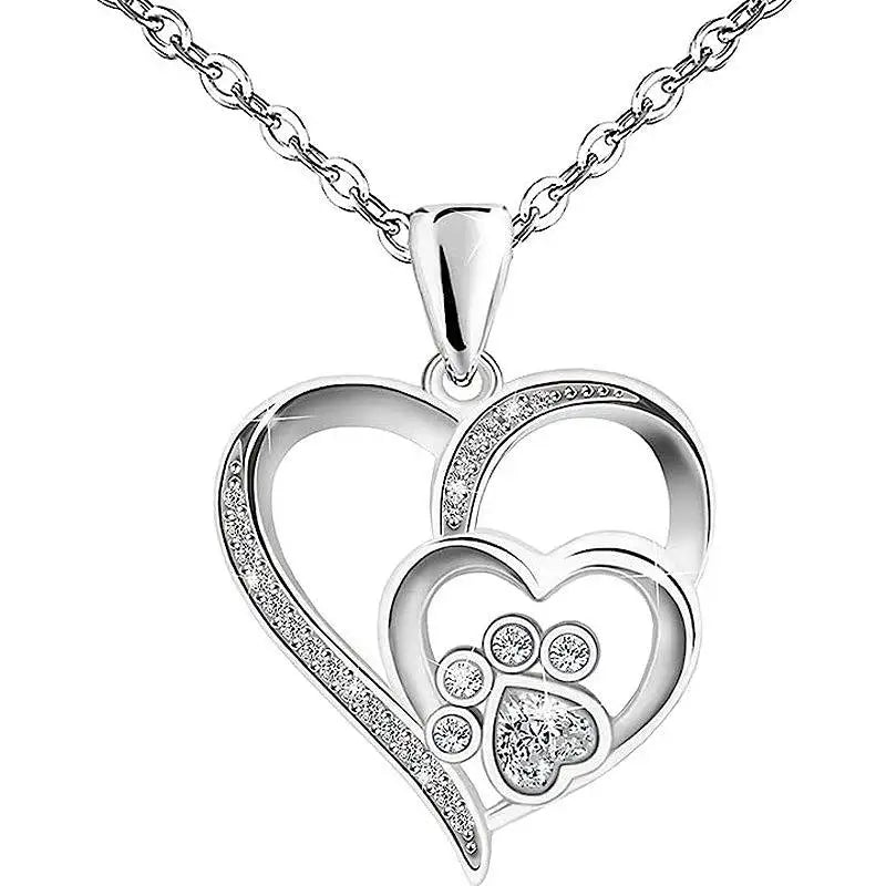 Huitan Sweet Paw Print Shaped Women Pendant Necklace Double Heart Elegant Accessories Inlaid Shiny C