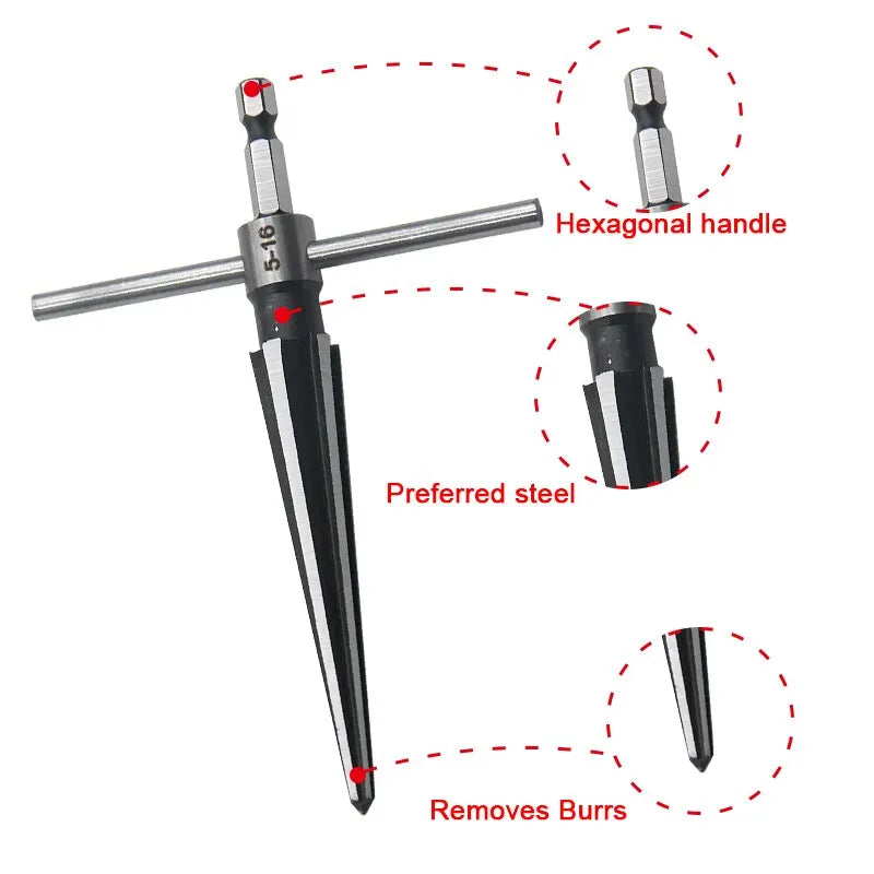 Woodwork Taper Reamer 3-13/5-16mm Wooden Board Electric Drill Hole Expanding Chamfer a close-up view