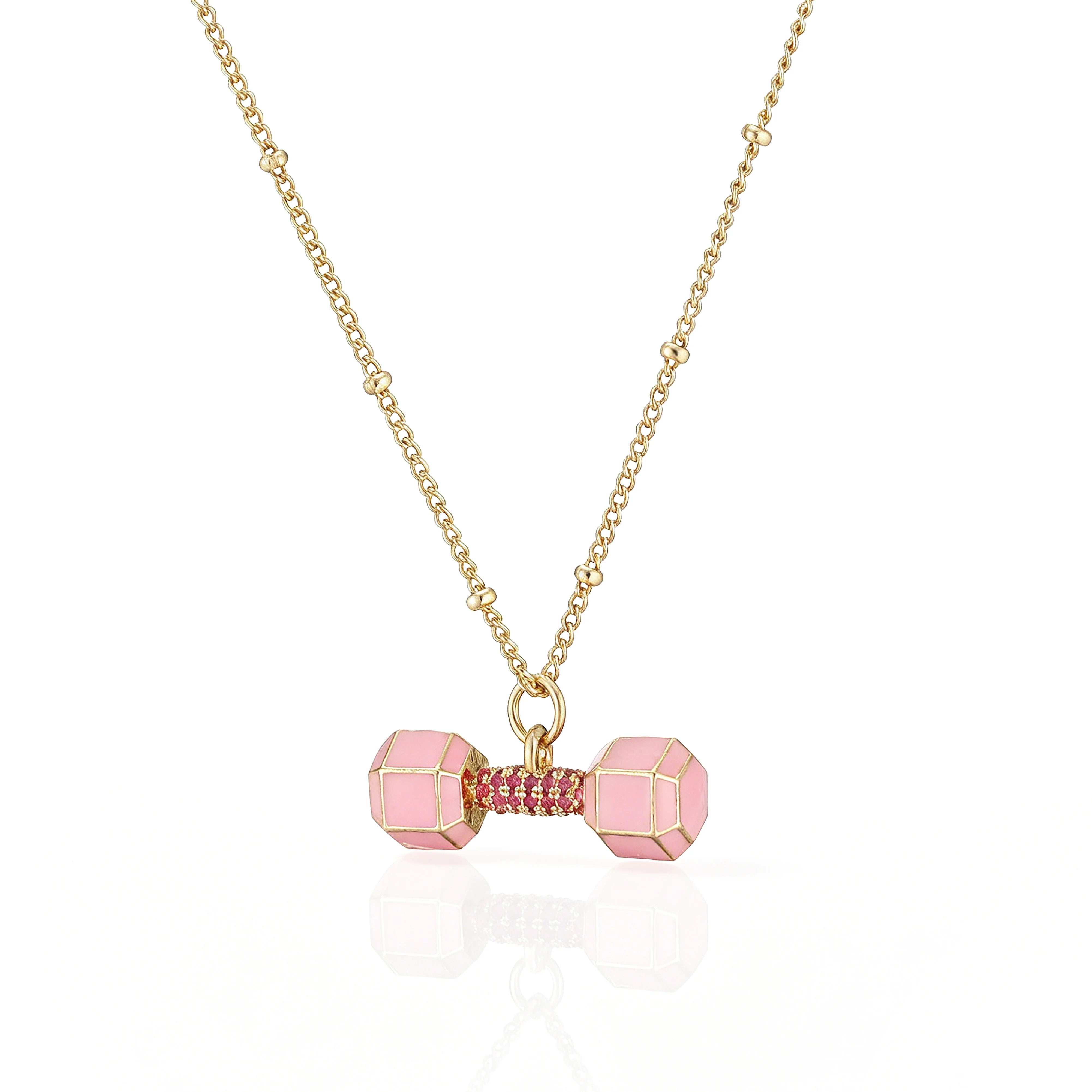 Small Dumbbell Pink Zirconia Charm Pendant Necklace Delicate Sweet Women's Jewelry Nec close-up view