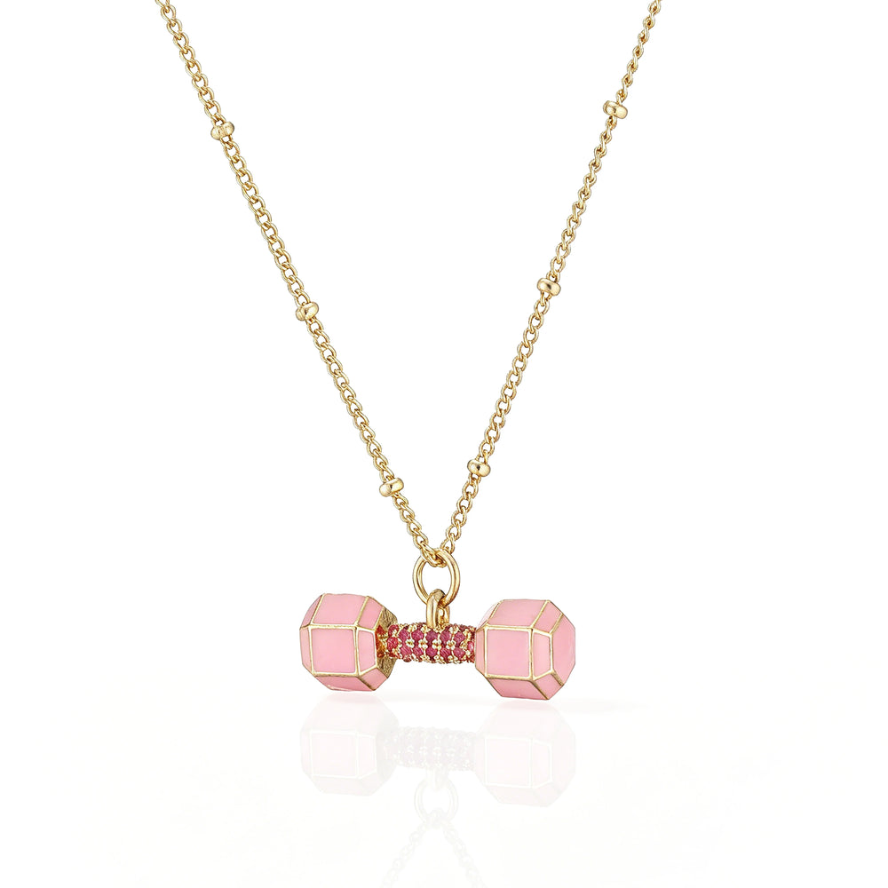 Small Dumbbell Pink Zirconia Charm Pendant Necklace Delicate Sweet Women's Jewelry Nec close-up view