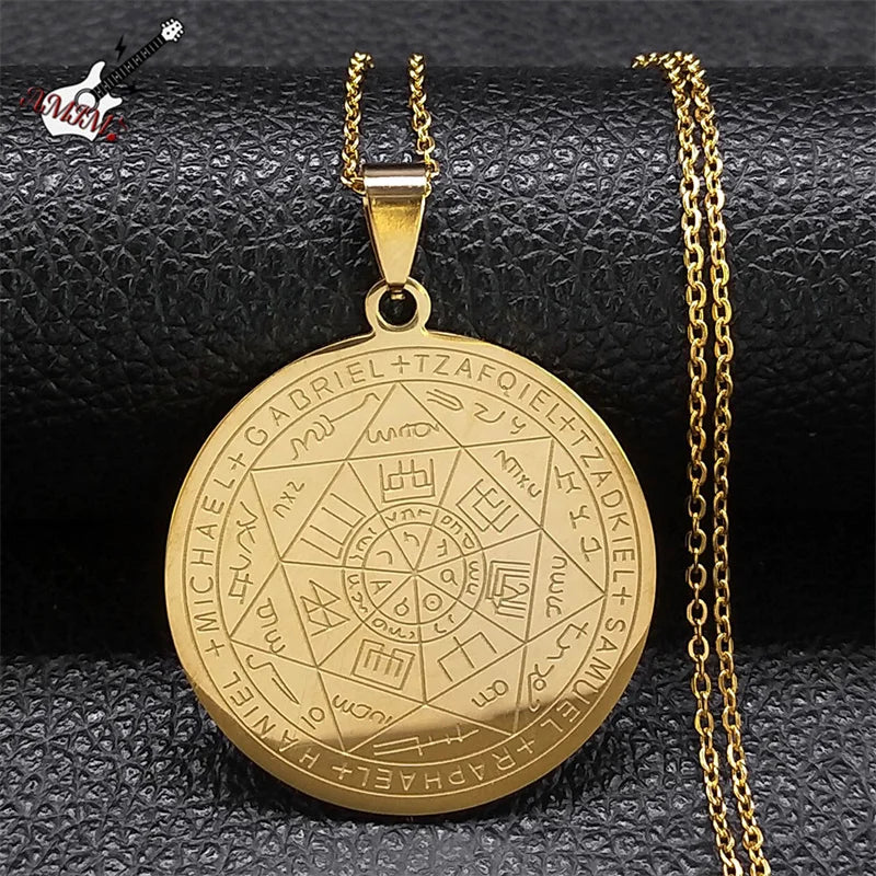 Seal of Seven Archangels Medal Stainless Steel Necklace Seal of Solomon Saint Michael Necklace Prote