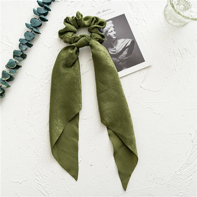Fashion Leopard Print Bow Satin Long Ribbon Ponytail Scarf Hair Tie Scrunchies Women alternate view
