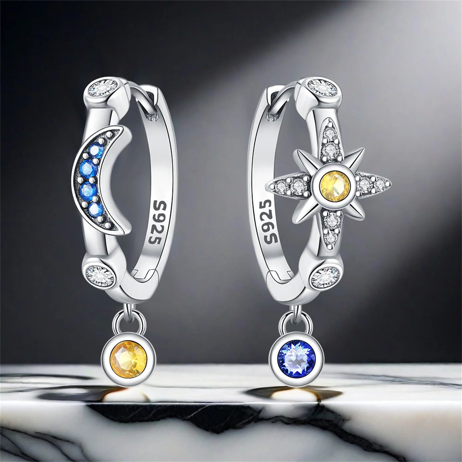925 Sterling Silver Mysterious Star Moon Earrings Jewelry Versatile Hoop Earrings For lifestyle view