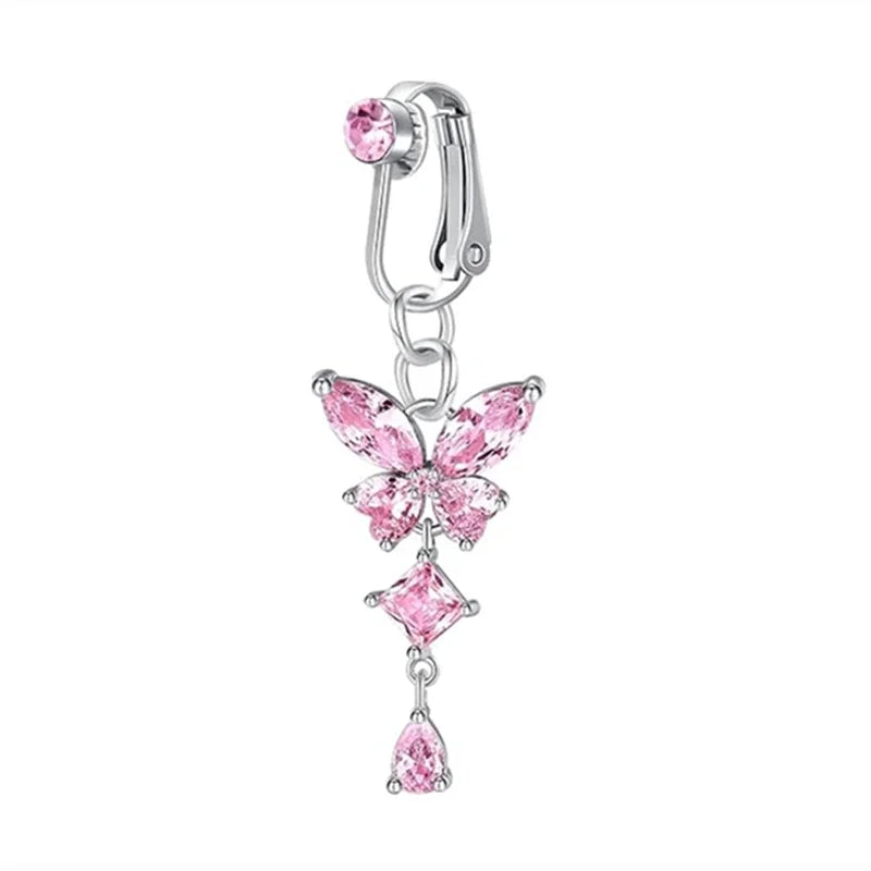 Clip On Belly Button Ring Butterfly Copper Zircon Pink Fake Belly Piercing Umbilical Nav detail view